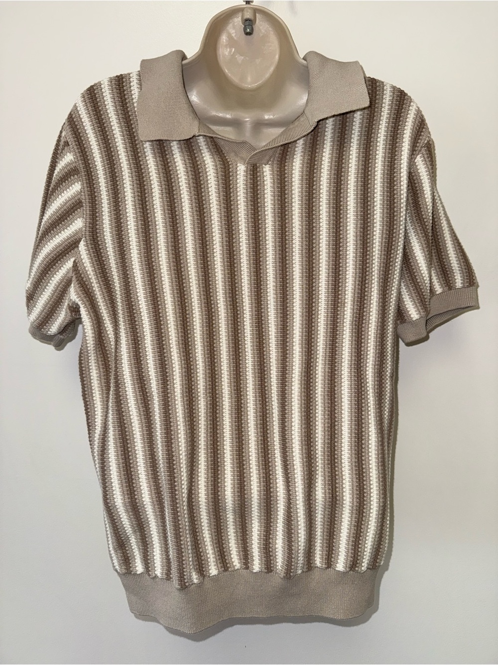 Steel & Jelly (Medium) Neutral Striped Knit Collared Top